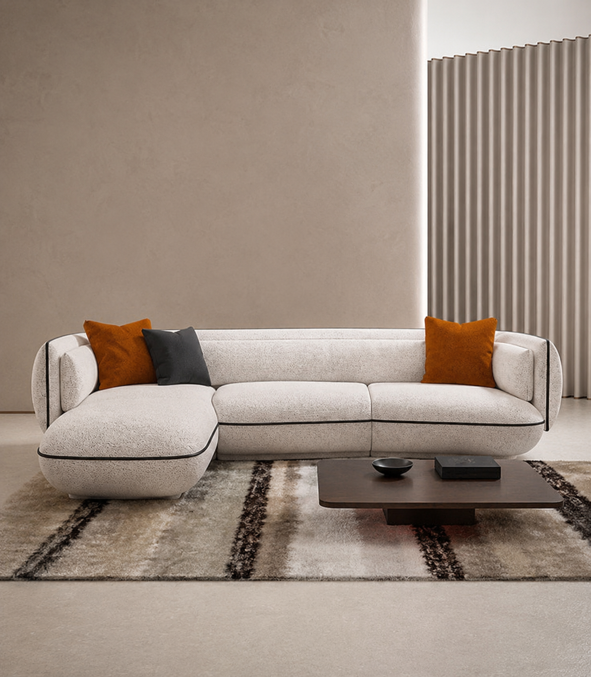 Ouch Cart Modern Curved Bouclé Sectional Sofa | Luxury Cream Upholstered Living Room Couch with Contemporary Design