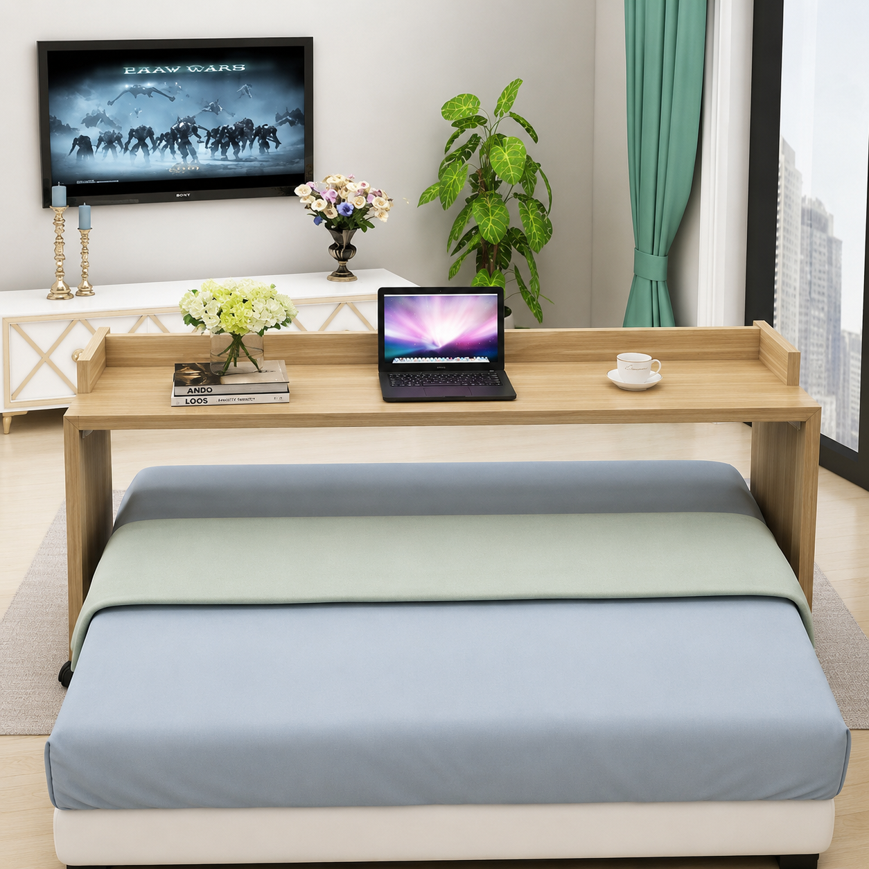 Wooden Overbed Rolling Table for Laptop & Workstation