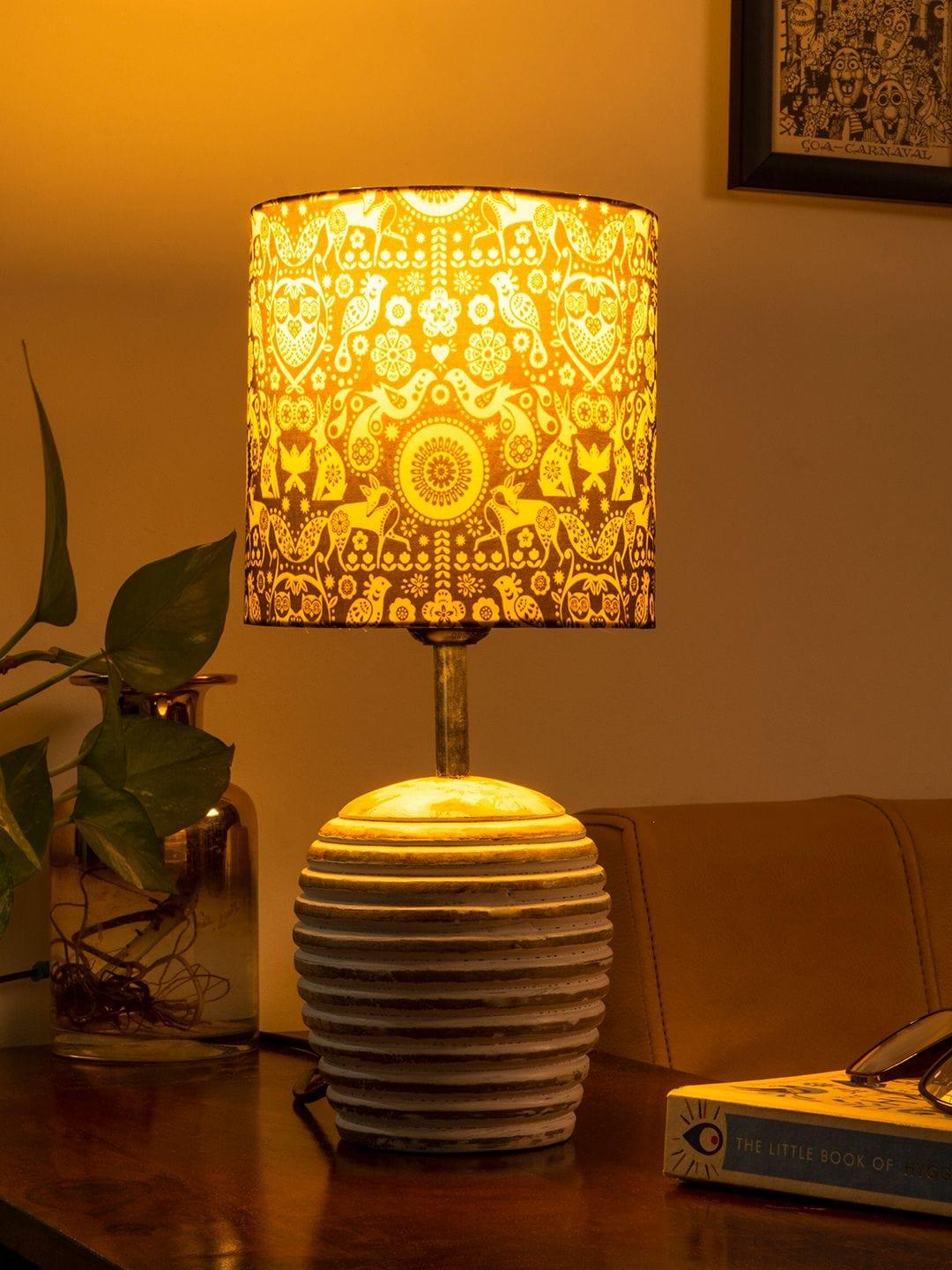 Stripped Distress White Lamp with Indian Art multicolor shade - Ouch Cart 