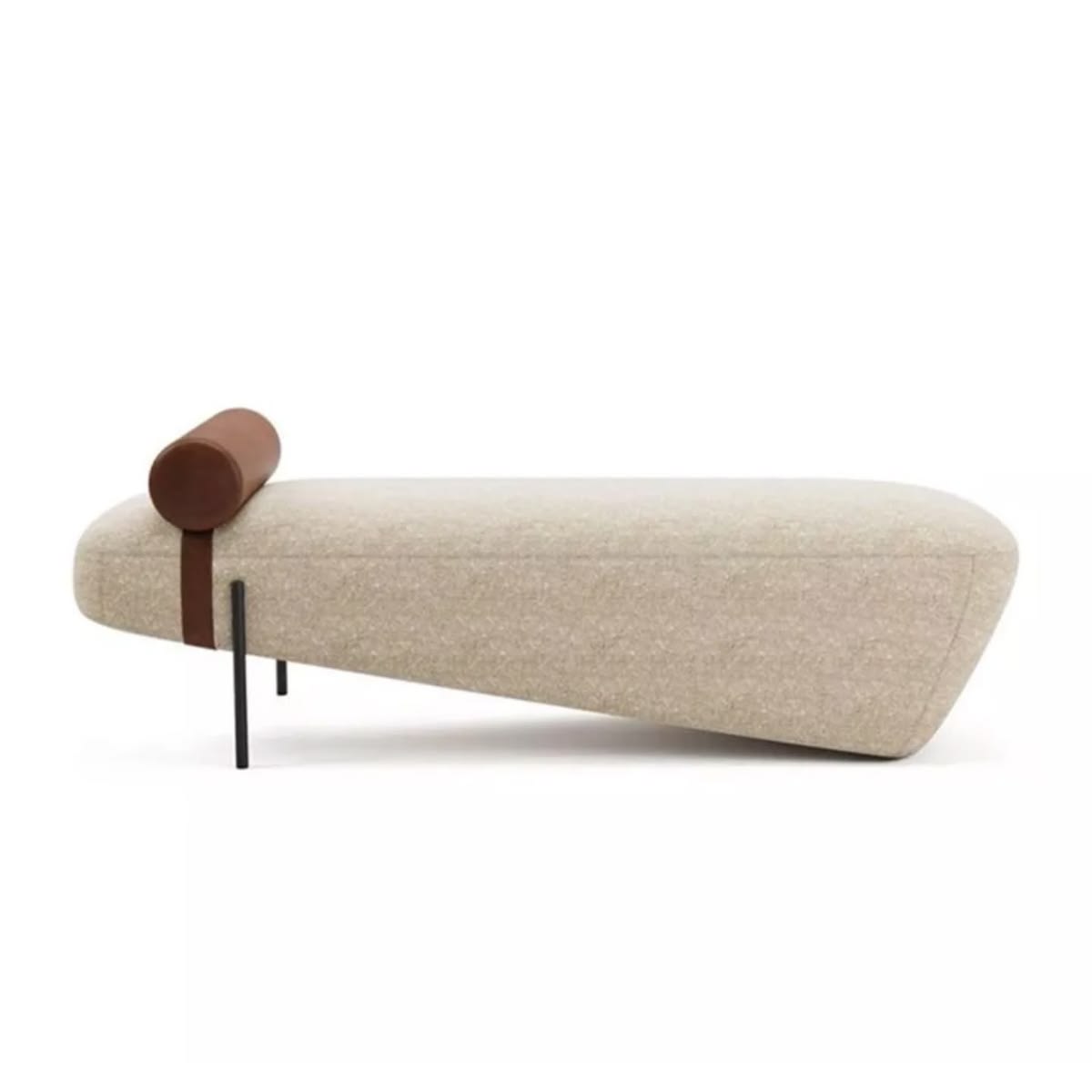 Modern Upholstered Bench with Leather Bolster Pillow | Luxury Bouclé Fabric Accent Bench