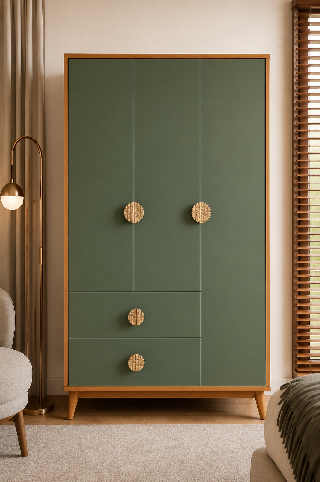 Modern 3 Door Wooden Wardrobe with 2 Drawers | Olive Green Bedroom Almirah | Scandinavian Style Clothes Storage Cabinet