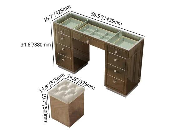 Oscar Mirrored Makeup Vanity Set 9-Drawer Dressing Table with Glass Top & Jewelry Storage with Desk and Stool Makeup Vanity Table - Ouch Cart 