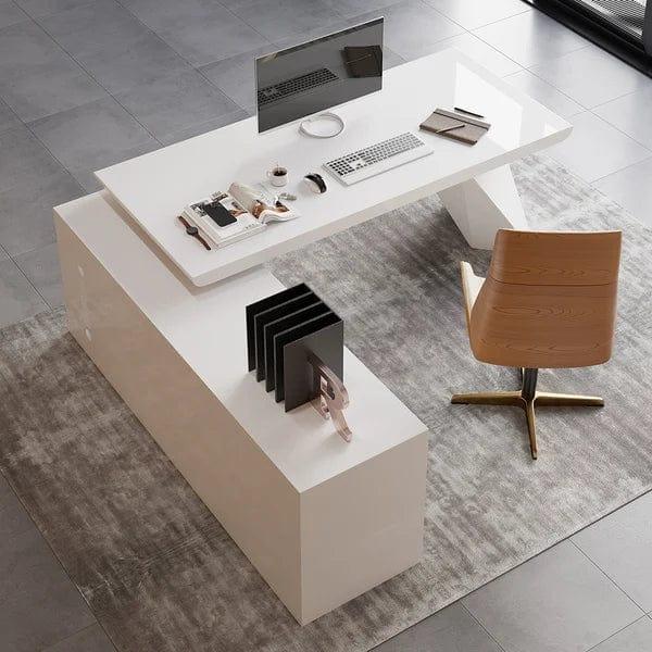 Ren White L-Shape Executive Desk Drawers & Cabinet Large Office Desk Left Hand - Ouch Cart 