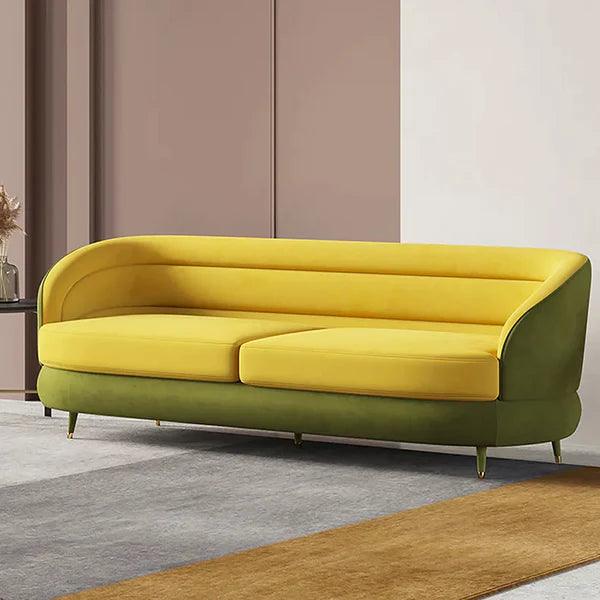 Jocelyn Yellow & Green Velvet Upholstered Sofa for 3 Seaters with Gold Legs - Ouch Cart 