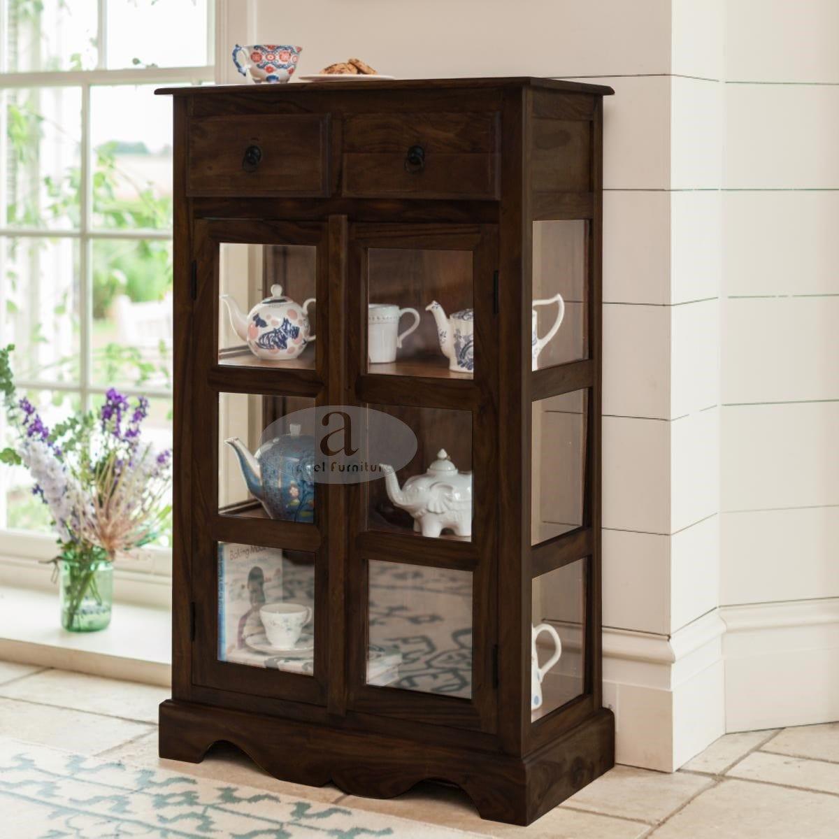 Sheesham Wood One Drawer Crockery Cabinet Small In Walnut Finish - Ouch Cart 