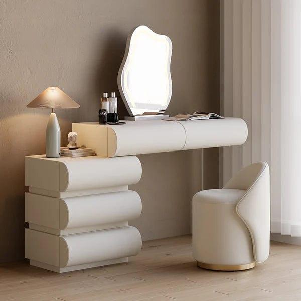 Lukas Modern White Makeup Vanity Set PU Leather Dressing Table with Stool & LED Mirror, Makeup Table with Drawers and Soft Cushioned Stool for Home and Bedroom, Dressing Vanity for Makeup - Ouch Cart 