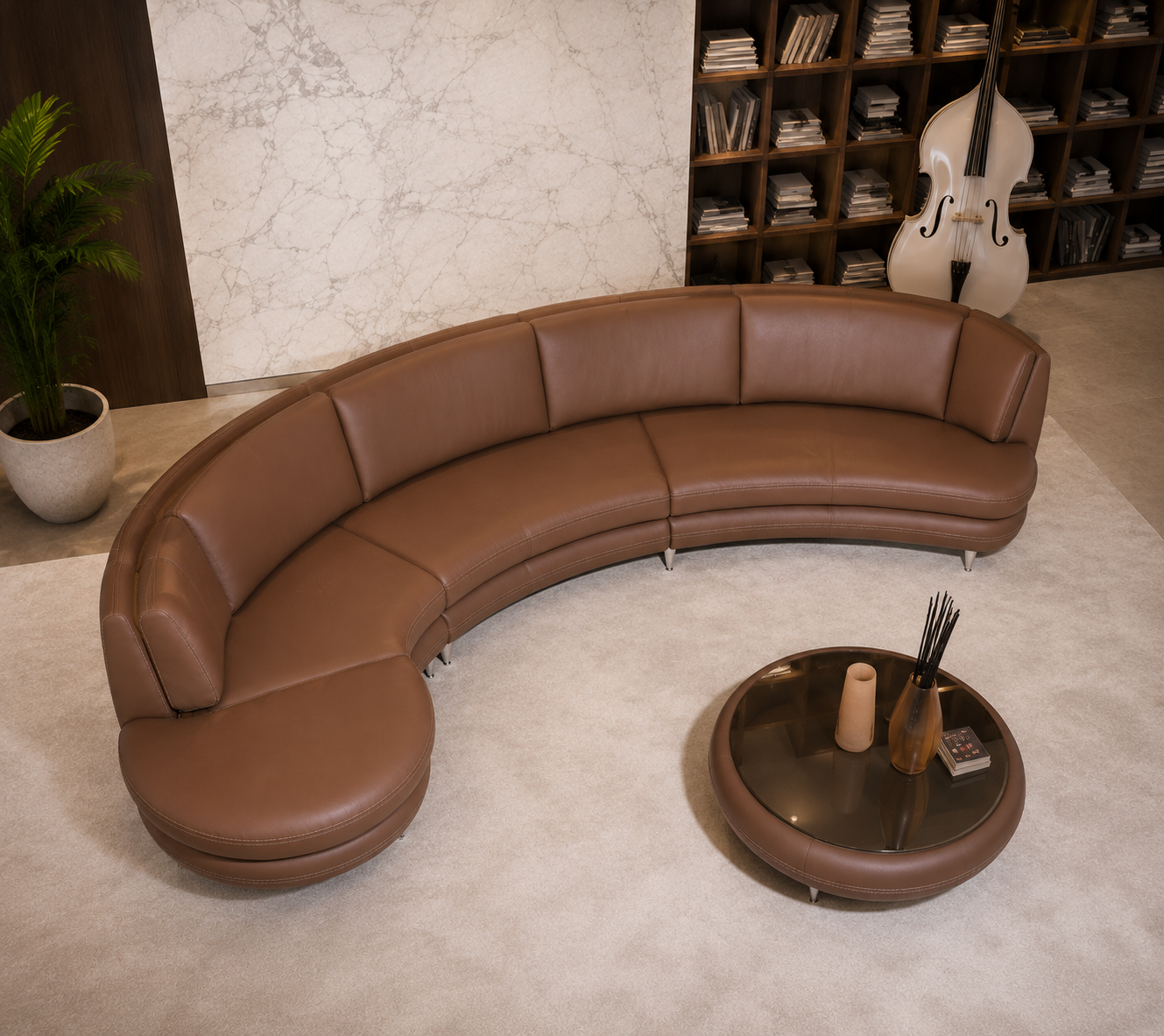 Modern Curved Leather Sectional Sofa Set for Living Room | Premium Brown Designer Corner Couch | Luxury Contemporary Lounge Sofa