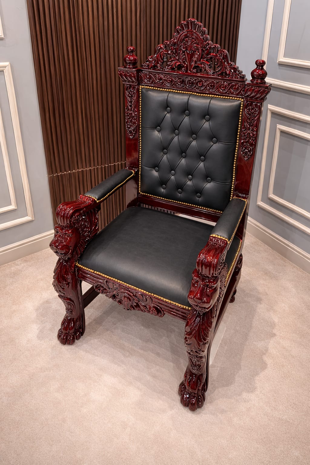 Ouch Cart Royal Carved Wooden Throne Chair – Luxury Tufted Leather Accent Armchair with Lion Head Design