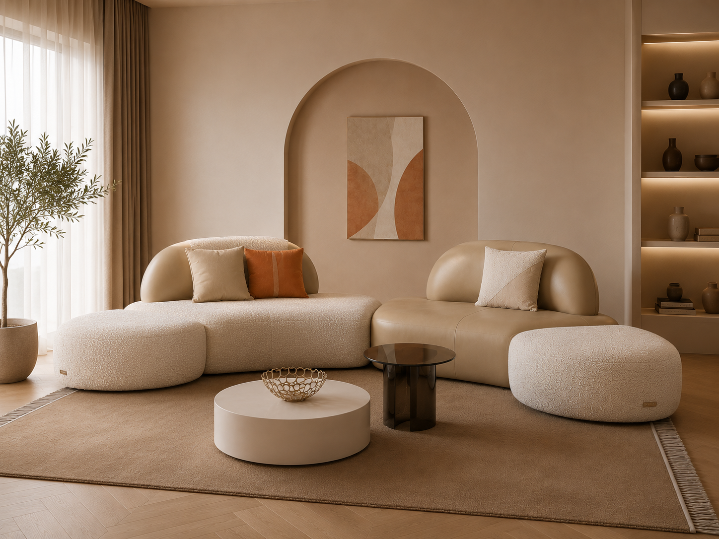 Modern Modular Bouclé Sofa Set | Luxury Curved Designer Lounge Sofa with Ottoman | Contemporary Upholstered Living Room Sofa