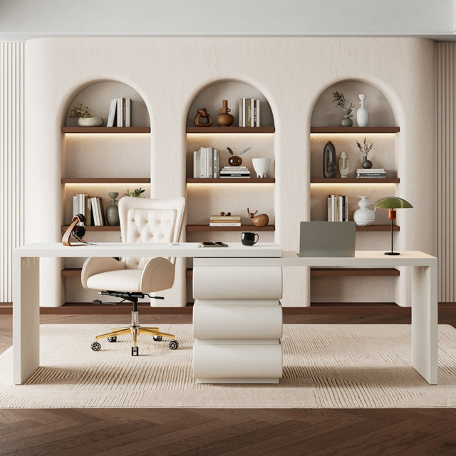  Modern Cream L-Shaped Computer Desk with Reversible Corner Design & PU Leather Storage Drawers
