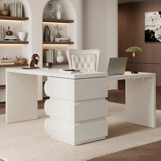  Modern Cream L-Shaped Computer Desk with Reversible Corner Design & PU Leather Storage Drawers