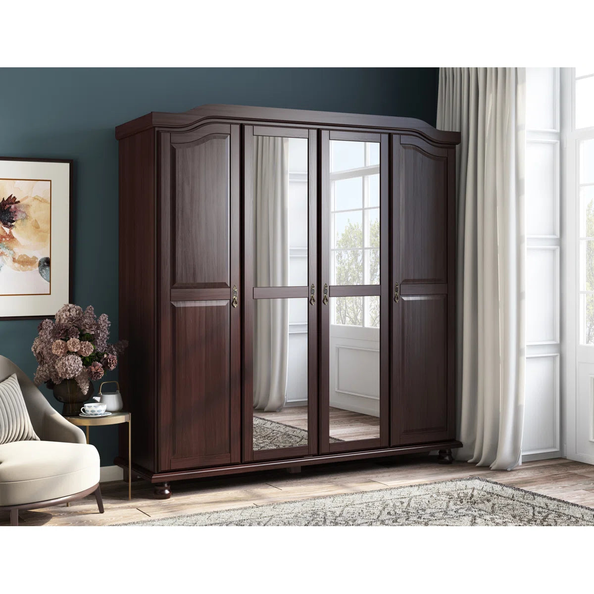 Kyle 100% Solid Wood 4-door Wardrobe Armoire with Mirrored Doors