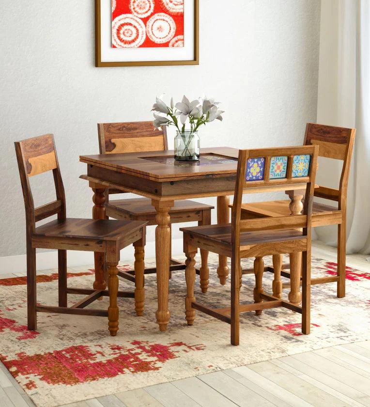 Sheesham Wood 4 Seater Dining Set In Rustic Teak Finish - Ouch Cart 