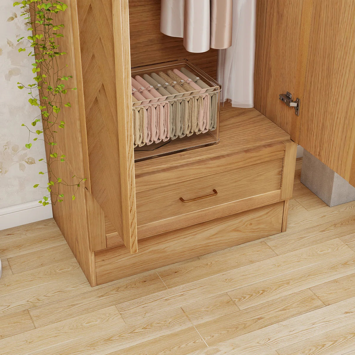 2 Doors Wardrobe Armoire 100% Soild Wood Storage Cabinet, 70.87"H Wardrobe Closet with Drawer and Hanging Rod, Natrual Wood Finish