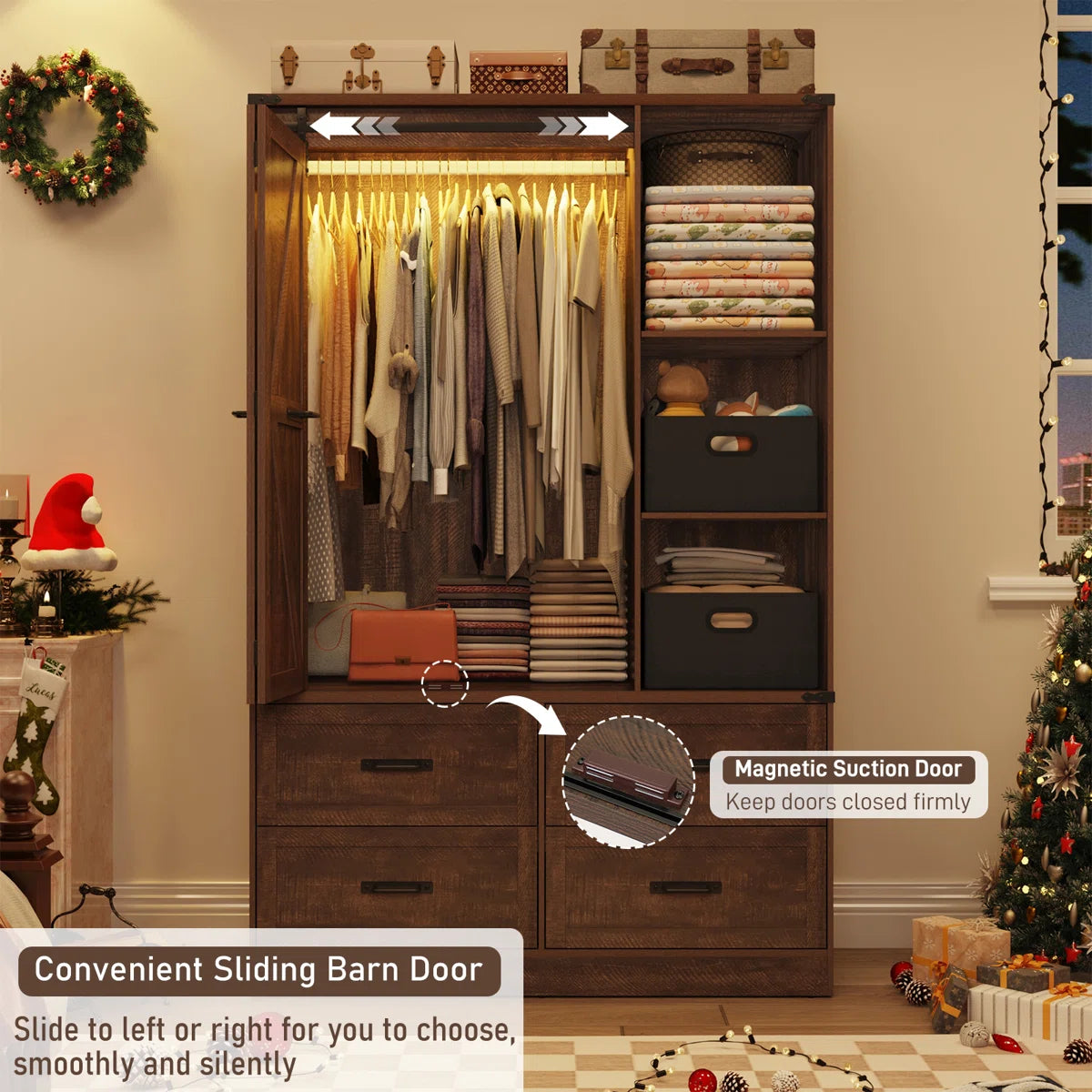 73.00''H Armoire Wardrobe With Sensor Light, Drawers, And Hanging Rod
