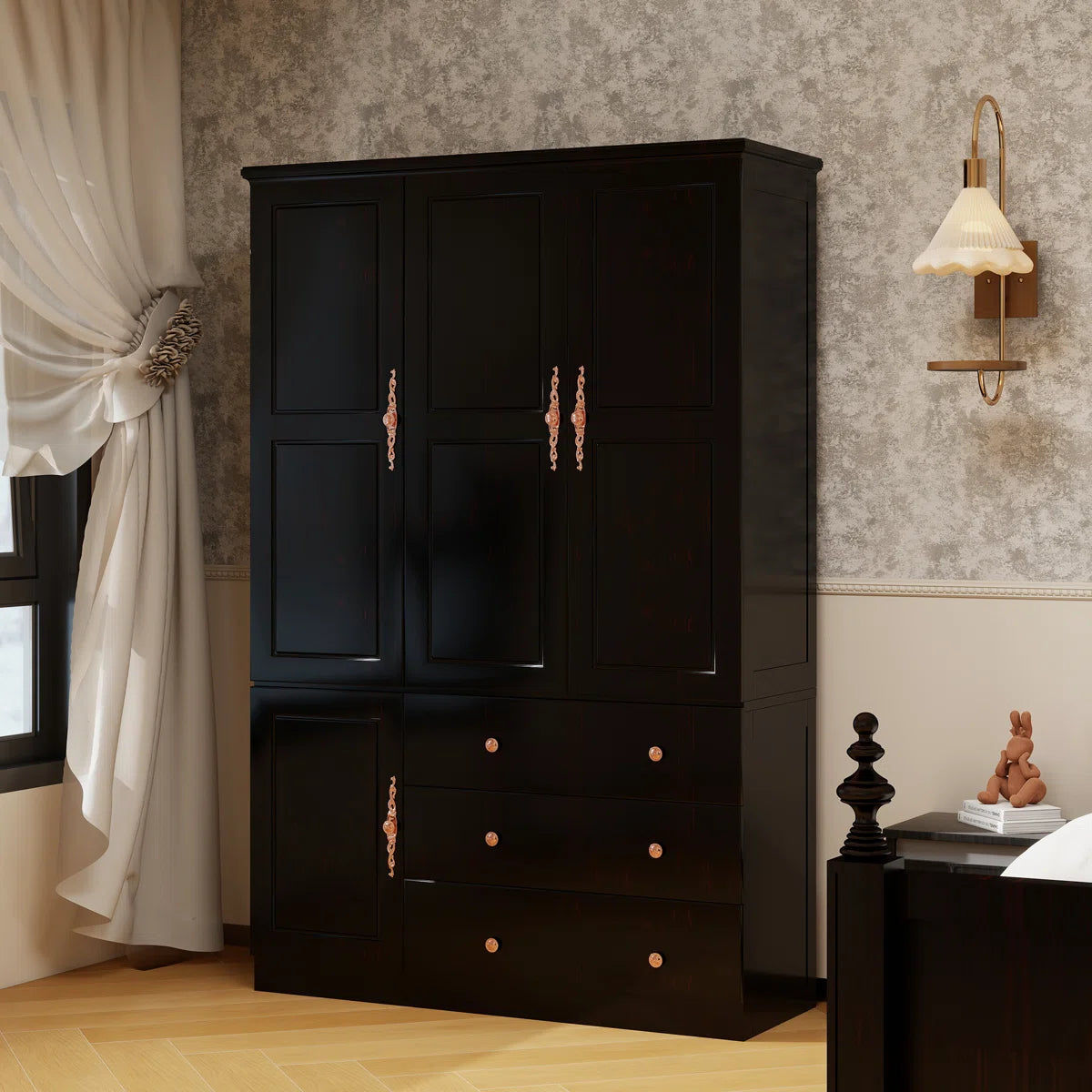 100% Solid Wood Armoire Wardrobe Closet with 3 Doors, Cabinet Storage Cabinet Solid Wood with 3 Drawers, Solid Wood Large Armoire Closet with a Hanging Rod for Bedroom Solid Wood with Expresso Finish