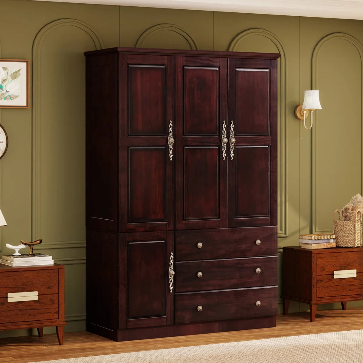 100% Solid Wood Armoire Wardrobe Closet with 3 Doors, Cabinet Storage Cabinet Solid Wood with 3 Drawers, Solid Wood Large Armoire Closet with a Hanging Rod for Bedroom Solid Wood with Expresso Finish