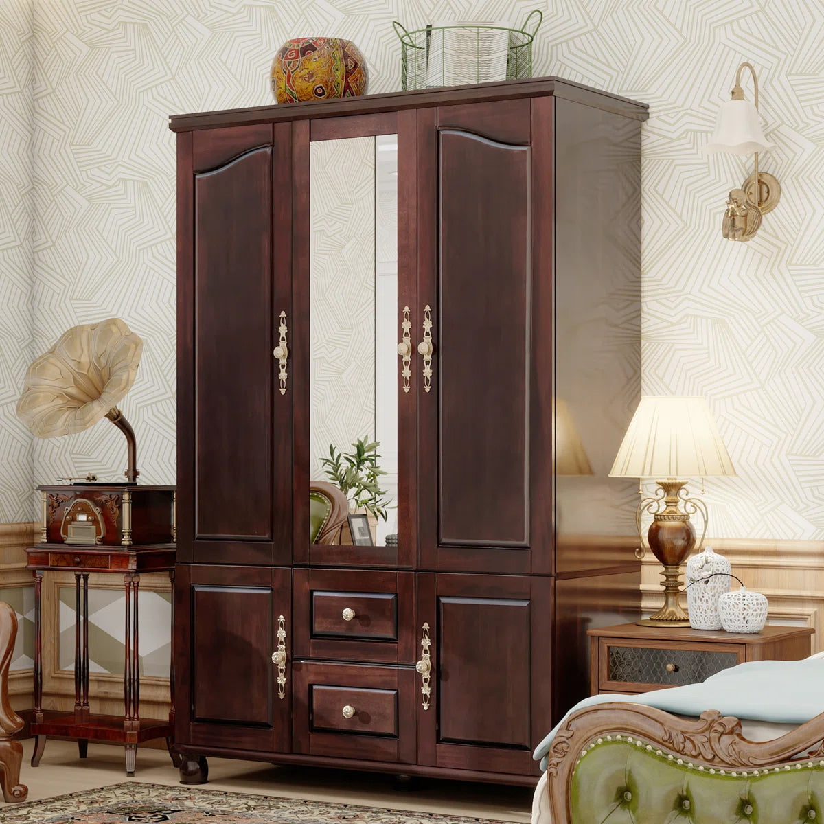 100% Solid Wood 3-door Wardrobe Armoire with Mirror & 2 Hanging Rods, 70.87"H