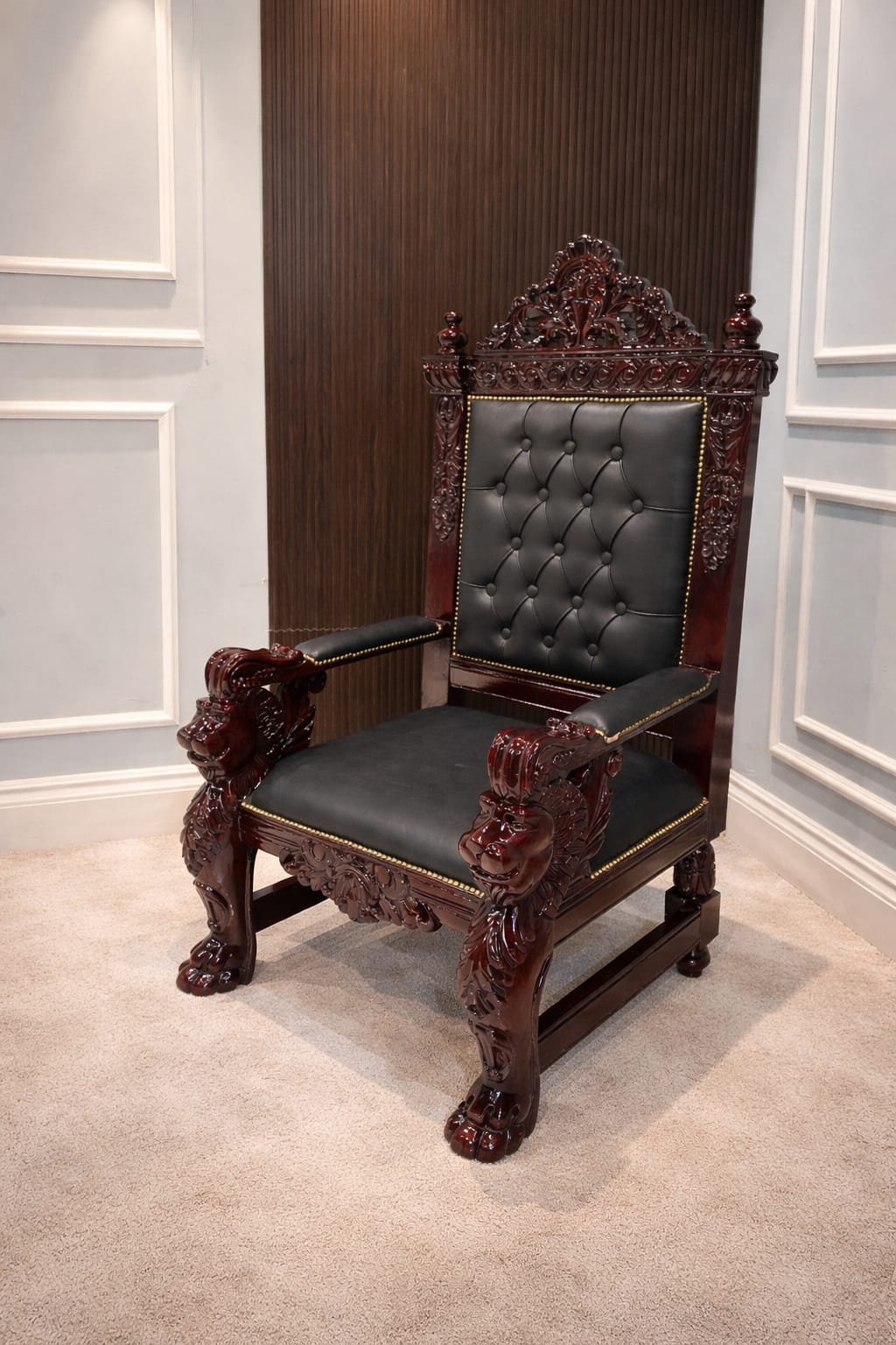 Ouch Cart Royal Carved Wooden Throne Chair – Luxury Tufted Leather Accent Armchair with Lion Head Design