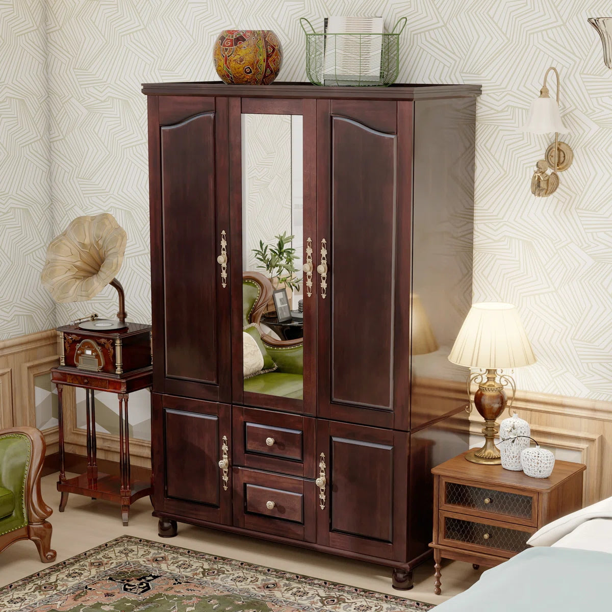 100% Solid Wood 3-door Wardrobe Armoire with Mirror & 2 Hanging Rods, 70.87"H