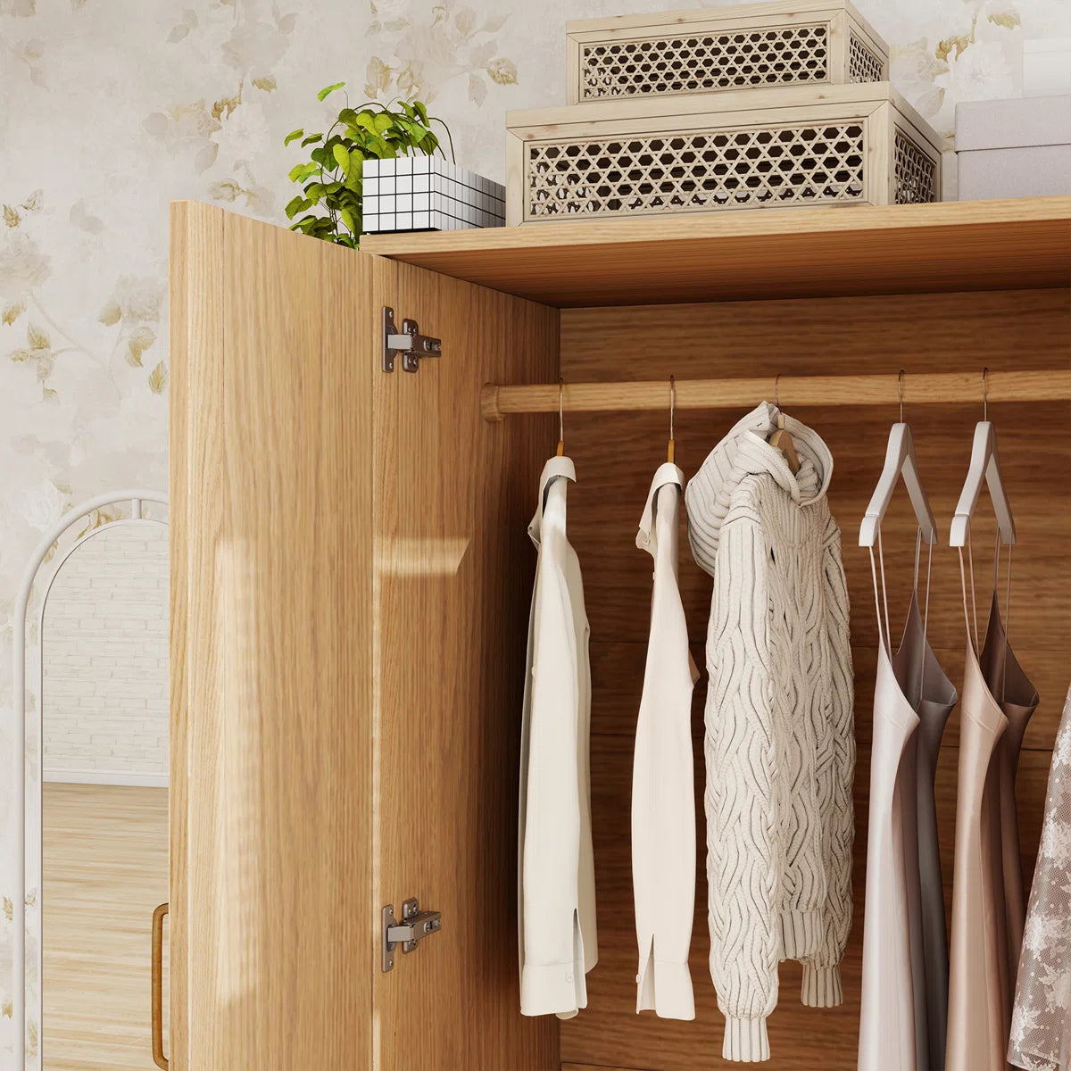 2 Doors Wardrobe Armoire 100% Soild Wood Storage Cabinet, 70.87"H Wardrobe Closet with Drawer and Hanging Rod, Natrual Wood Finish