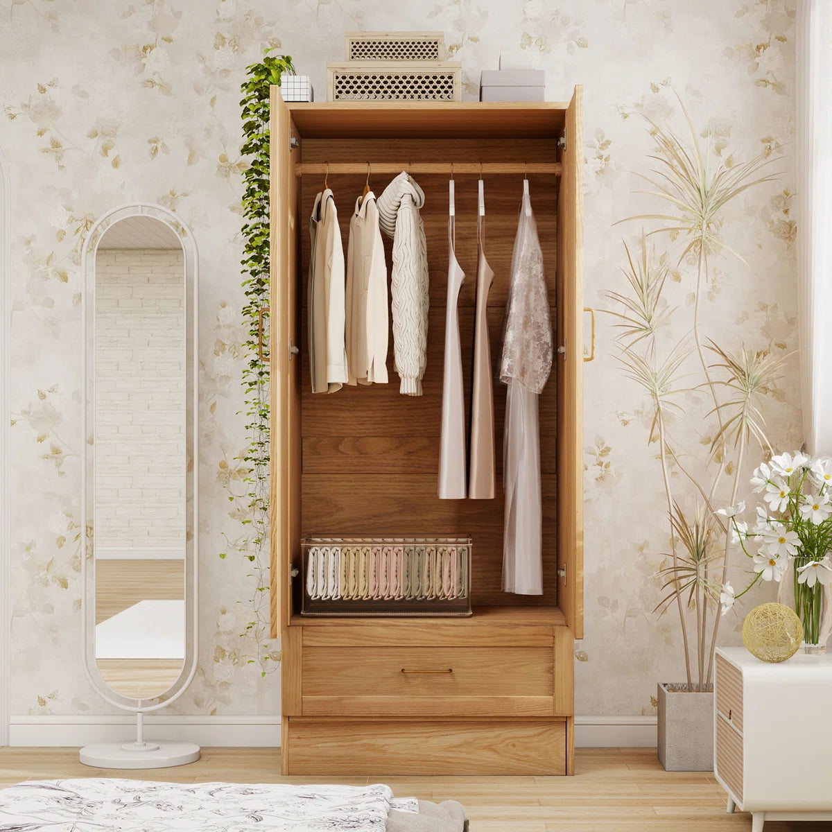 2 Doors Wardrobe Armoire 100% Soild Wood Storage Cabinet, 70.87"H Wardrobe Closet with Drawer and Hanging Rod, Natrual Wood Finish
