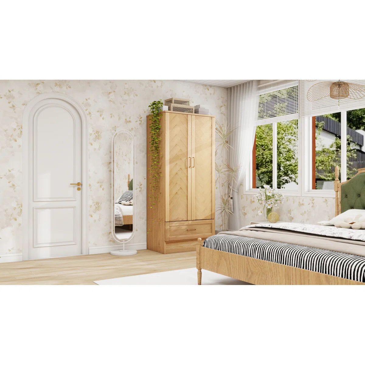 2 Doors Wardrobe Armoire 100% Soild Wood Storage Cabinet, 70.87"H Wardrobe Closet with Drawer and Hanging Rod, Natrual Wood Finish