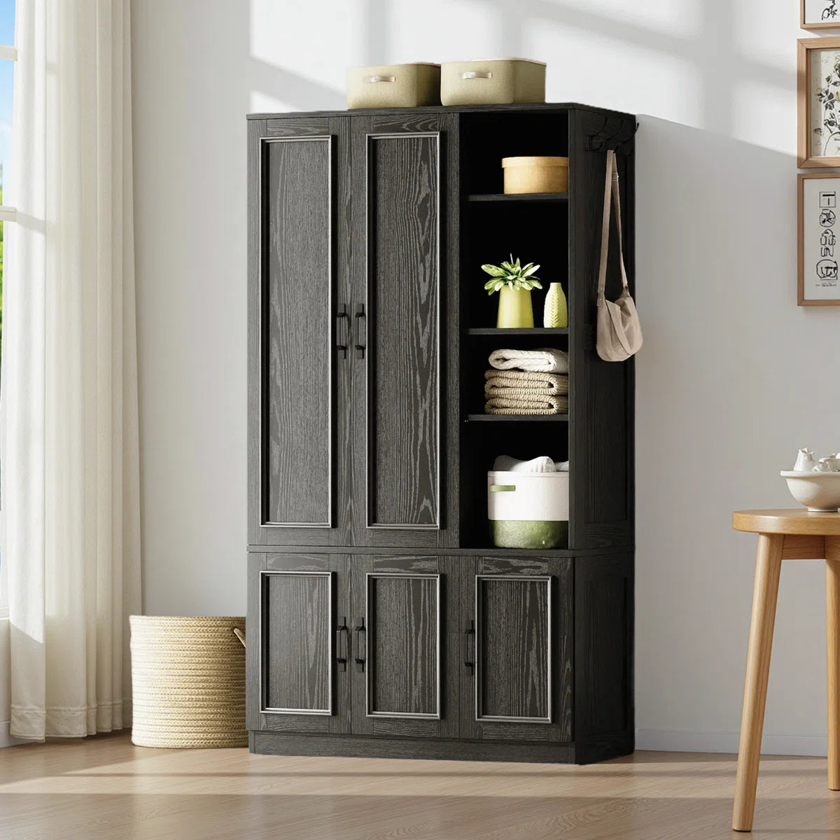 5-Door Wooden Wardrobe With Hanging Poles & 4 Open Storage Shelves, 70” Armoire For Hanging Clothes