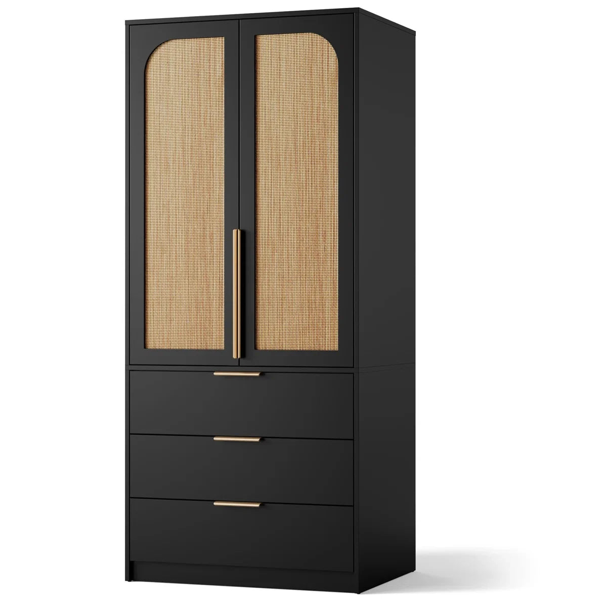 Armoire Wardrobe Closet, 69.5" Wooden Wardrobe Cabinet with 3 Drawers, Hanging Rod, 2 Doors Clothing Storage Cabinet for Bedroom, Large Capacity Storage, Rattan Door