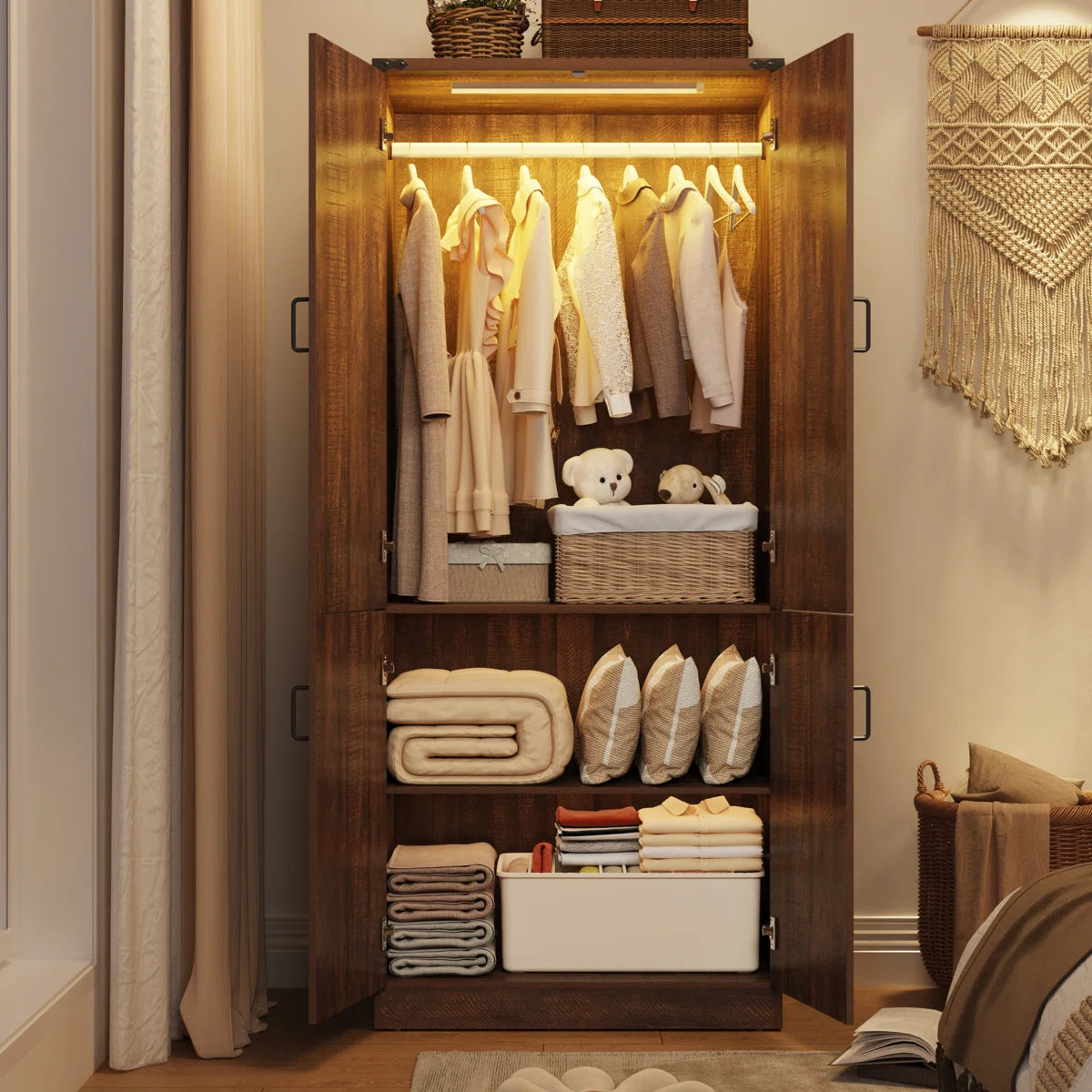 75" H Farmhouse Wardrobe Armoire Closet With LED Lights, 2 Doors Wooden Wardrobe Cabinet For Bedroom With Hanging Rod For Bedroom