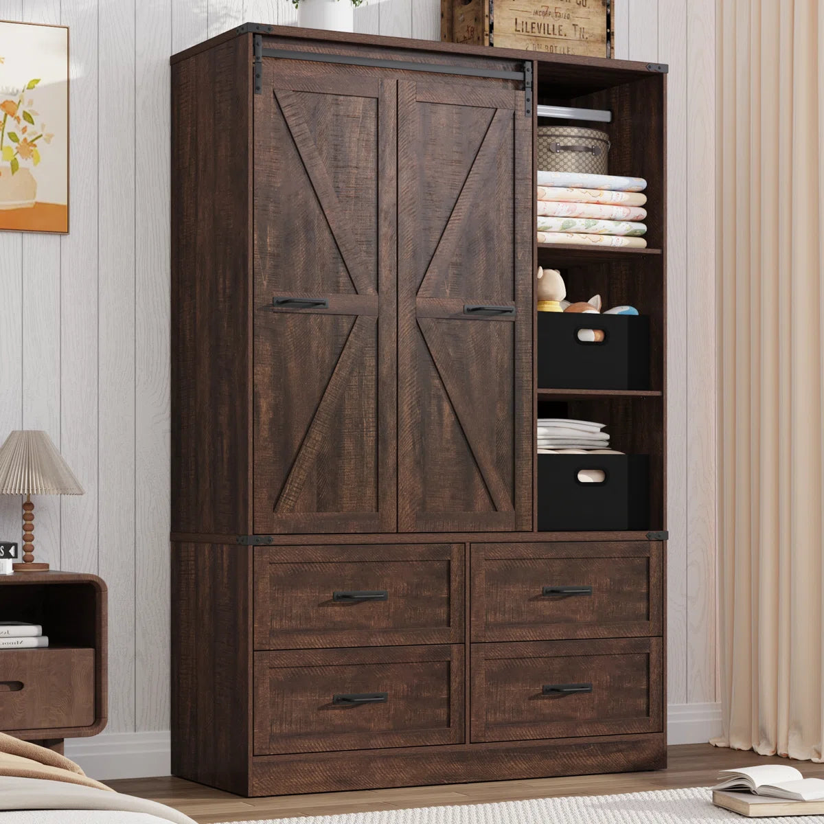 73.00''H Armoire Wardrobe With Sensor Light, Drawers, And Hanging Rod