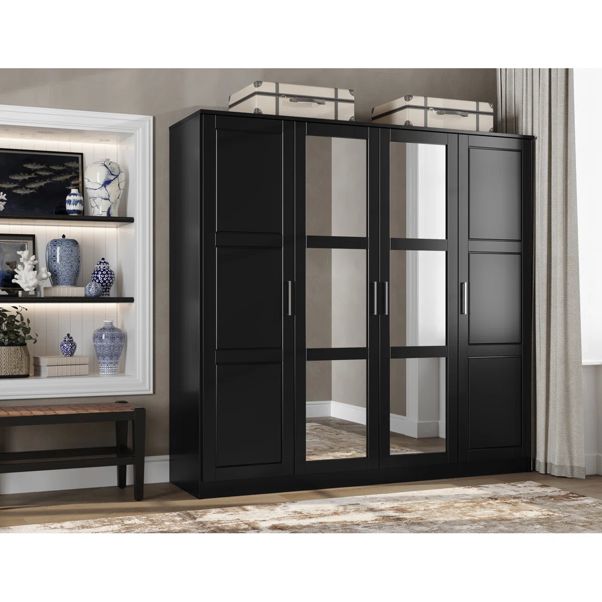Cosmo 100% Solid Wood 4-door Wardrobe Armoire with Mirrored Doors