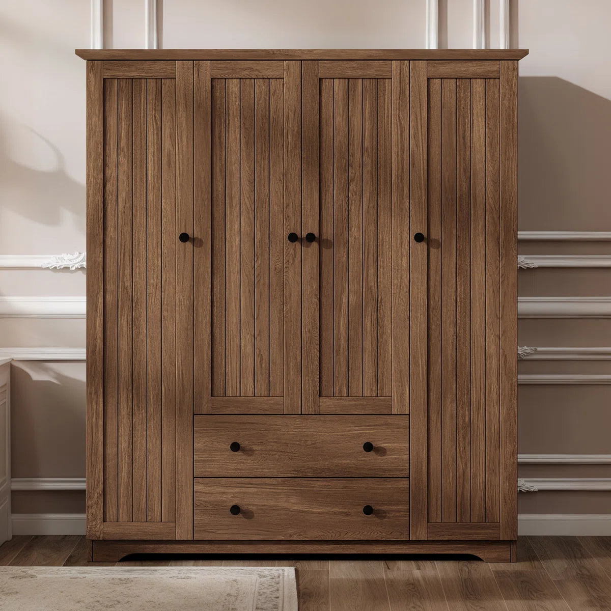 Wood Wardrobe Closet With 4 Doors And 2 Drawers,Bedroom Freestanding Armoire Storage Cabinet With Shelves,Wooden Wardrobe Combination For Hanging Clothes