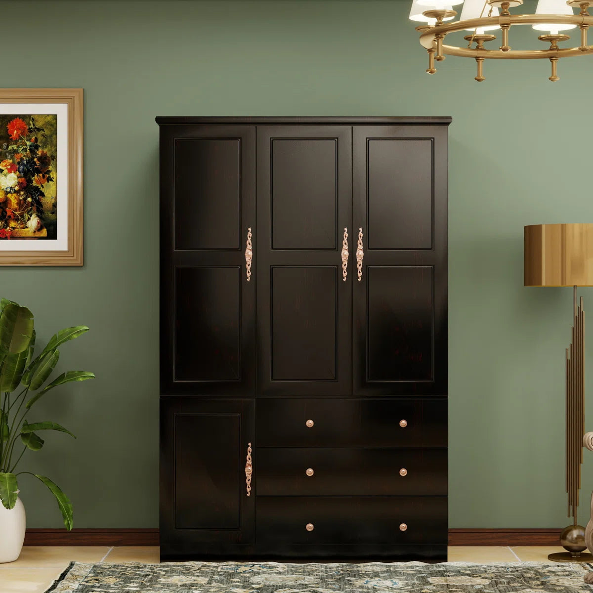 100% Solid Wood Armoire Wardrobe Closet with 3 Doors, Cabinet Storage Cabinet Solid Wood with 3 Drawers, Solid Wood Large Armoire Closet with a Hanging Rod for Bedroom Solid Wood with Expresso Finish