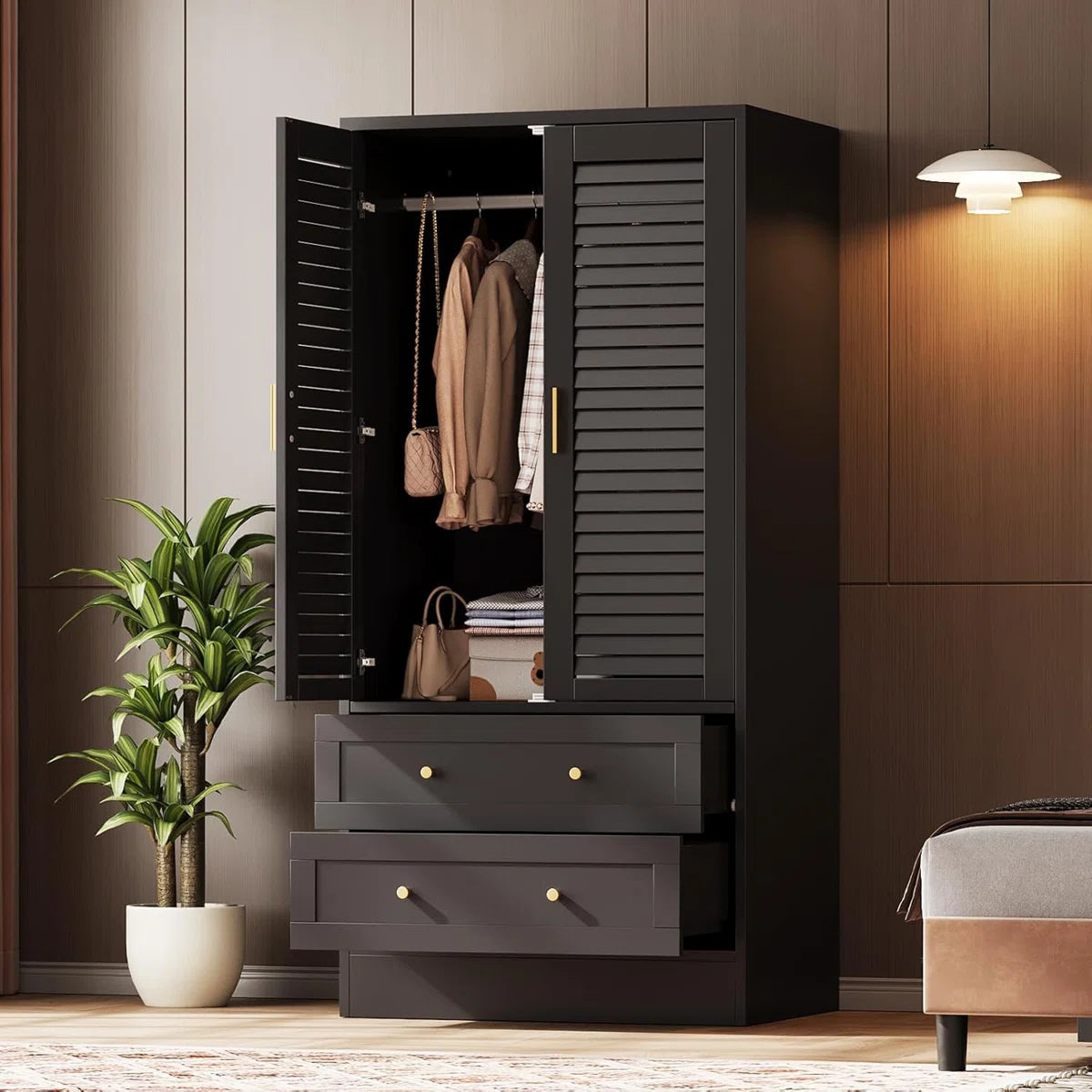Wardrobe Armoire Closet with 2 Shutter Doors, Wardrobe with Hanging Rods and 2 Drawers, Armoire with Gold Handles