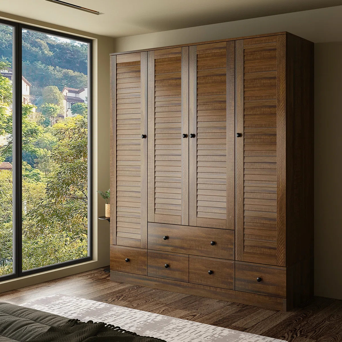 Ardit 59" Wide White Wardrobe with Louvered Doors and 5 Drawers, Freestanding Armoire Closet with Hanging Rods and Shelves