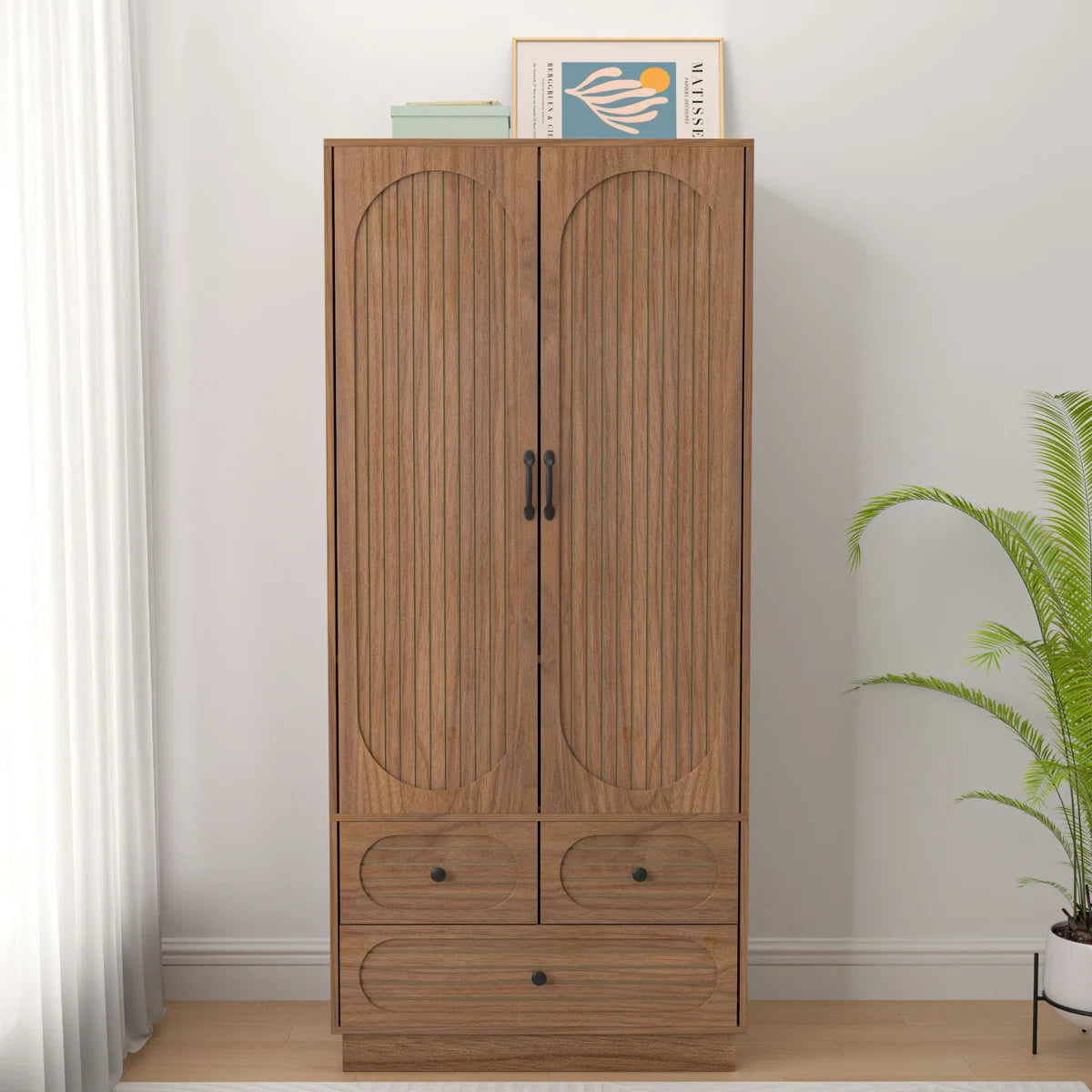 Armoire Wardrobe Closet, Wardrobe Armoire With 3 Drawers And 2 Fluted Doors, Wardrobe Cabinet With Shelves And Hanging Rod, Freestanding Armoire Cabinet