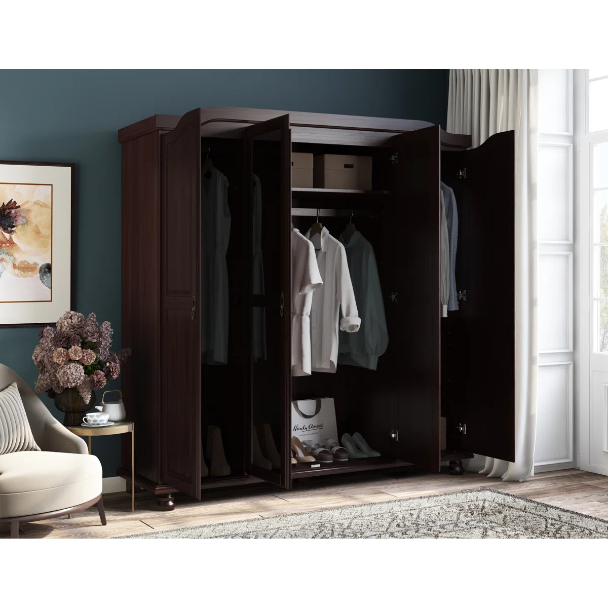 Kyle 100% Solid Wood 4-door Wardrobe Armoire with Mirrored Doors