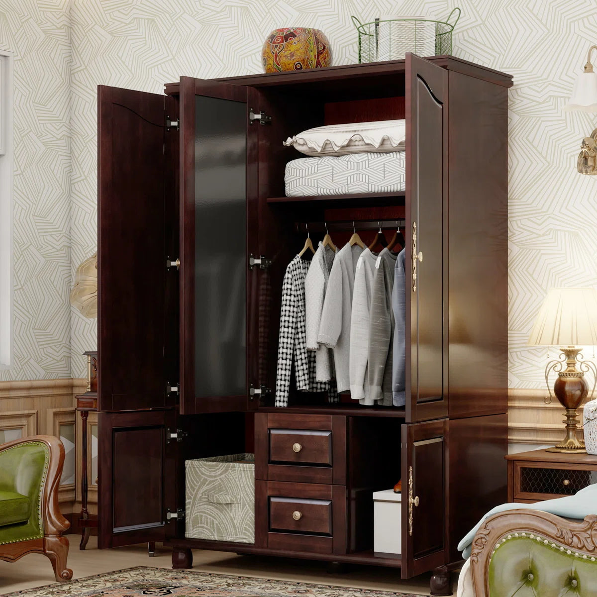 100% Solid Wood 3-door Wardrobe Armoire with Mirror & 2 Hanging Rods, 70.87"H
