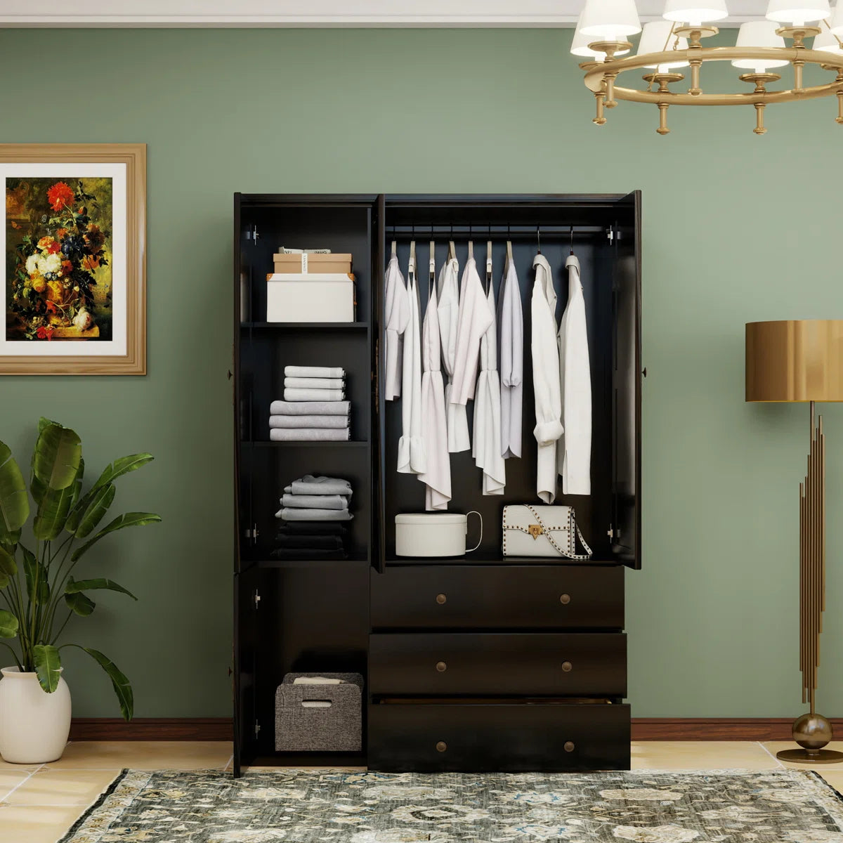 100% Solid Wood Armoire Wardrobe Closet with 3 Doors, Cabinet Storage Cabinet Solid Wood with 3 Drawers, Solid Wood Large Armoire Closet with a Hanging Rod for Bedroom Solid Wood with Expresso Finish