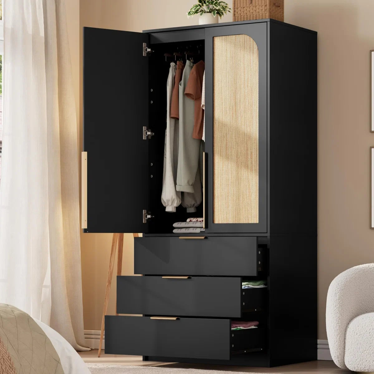 Armoire Wardrobe Closet, 69.5" Wooden Wardrobe Cabinet with 3 Drawers, Hanging Rod, 2 Doors Clothing Storage Cabinet for Bedroom, Large Capacity Storage, Rattan Door