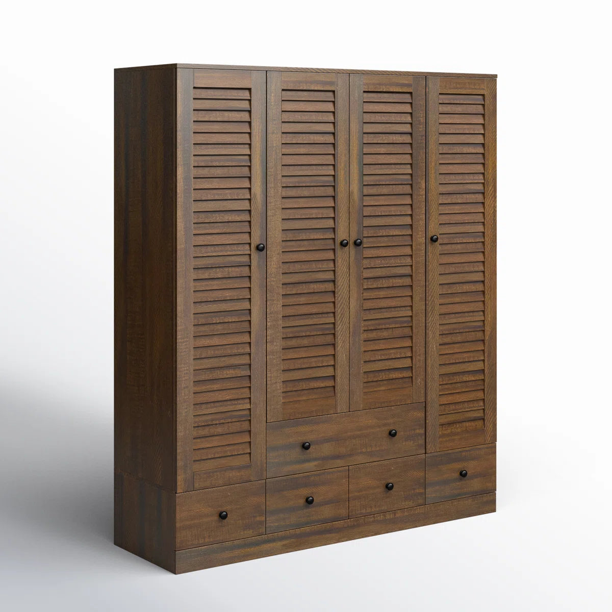 Ardit 59" Wide White Wardrobe with Louvered Doors and 5 Drawers, Freestanding Armoire Closet with Hanging Rods and Shelves