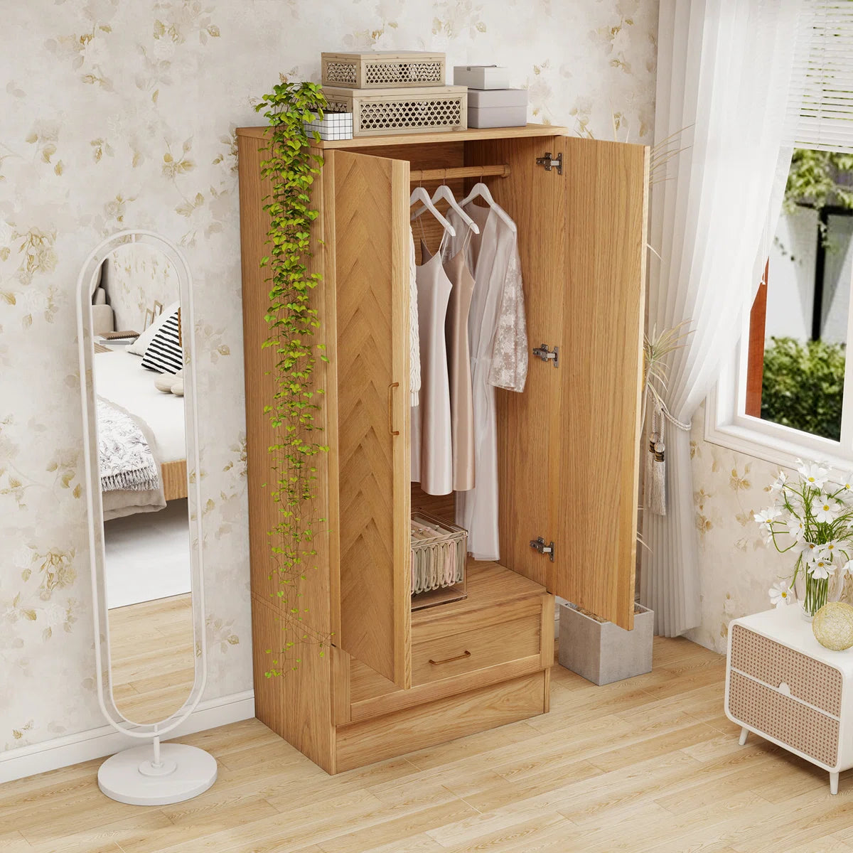 2 Doors Wardrobe Armoire 100% Soild Wood Storage Cabinet, 70.87"H Wardrobe Closet with Drawer and Hanging Rod, Natrual Wood Finish