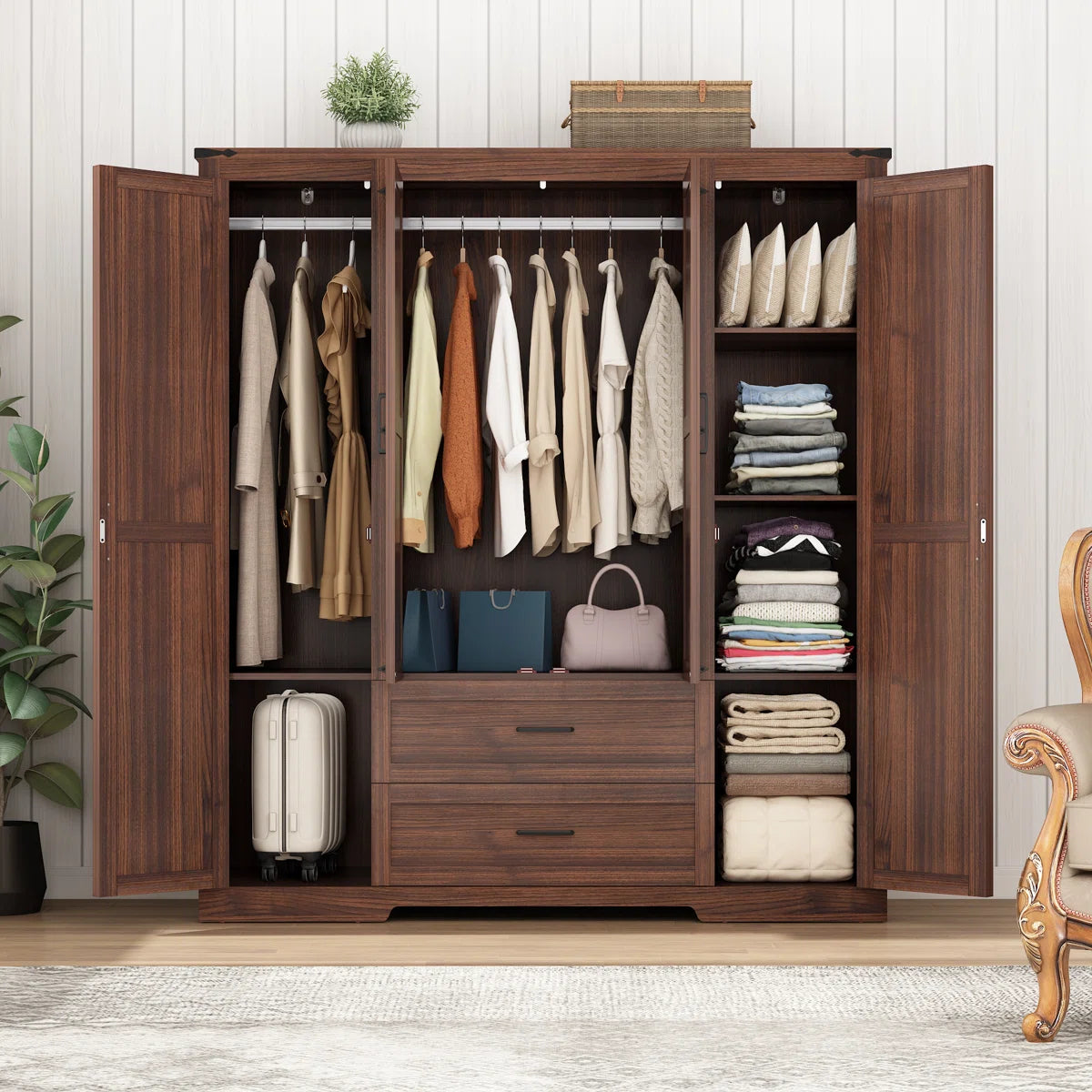 70.10" Farmhouse 4 Door Armoire Wardrobe With 2 Drawers, Hanging Rod And 2 Adjustable Shelves For Bedroom
