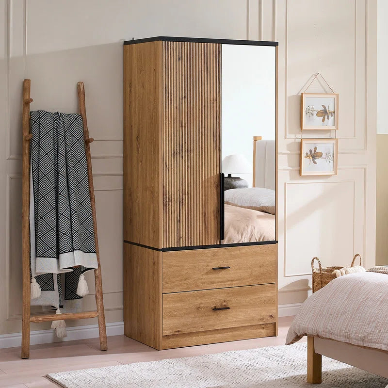 71" H Armoire Wardrobe Wood Cabinet With 2 Drawers and Mirror