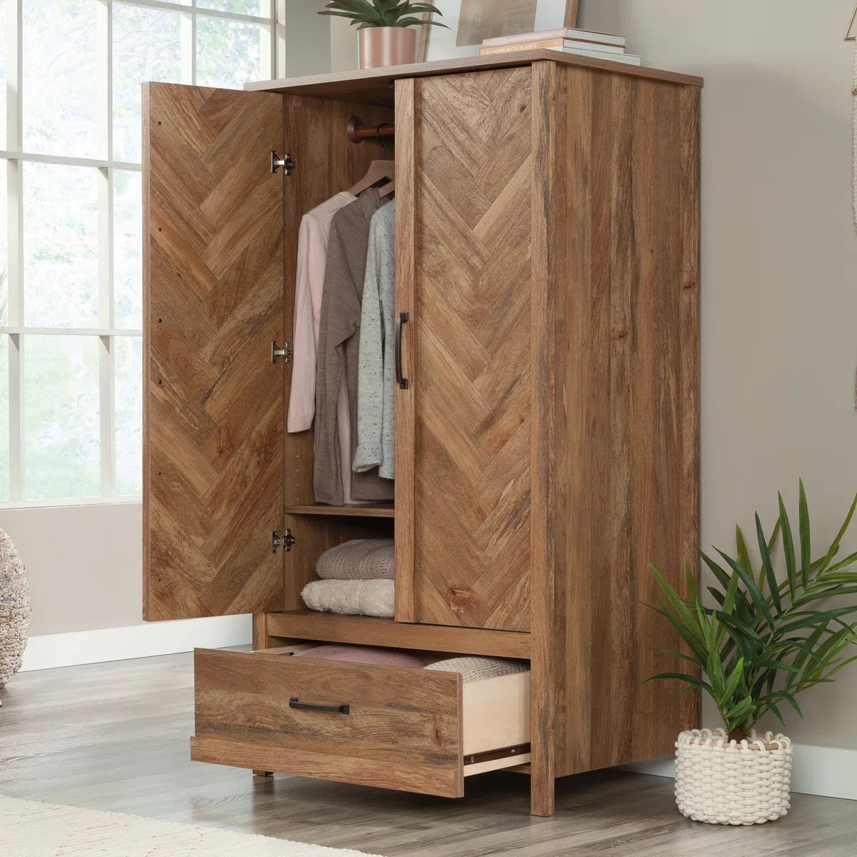 2-Door Wooden Wardrobe Armoire With 3 Storage Shelves