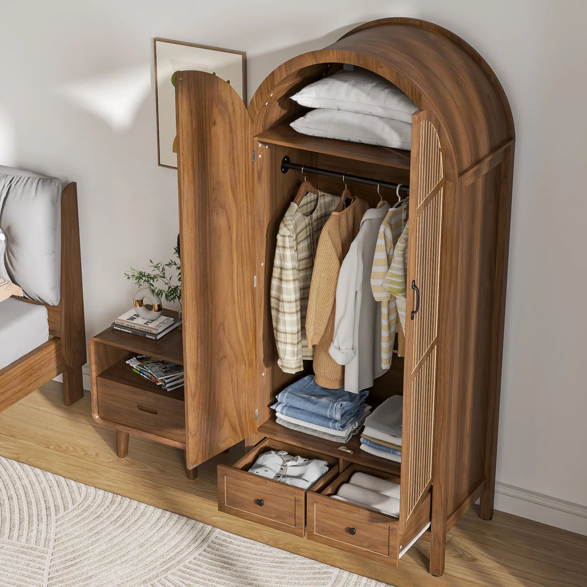 Armoire Wardrobe Closet with 2 Arched Fluted Doors, Wardrobe Cabinet with 2 Drawers, Wardrobe Armoire with Shelves and Hanging Rod for Bedroom