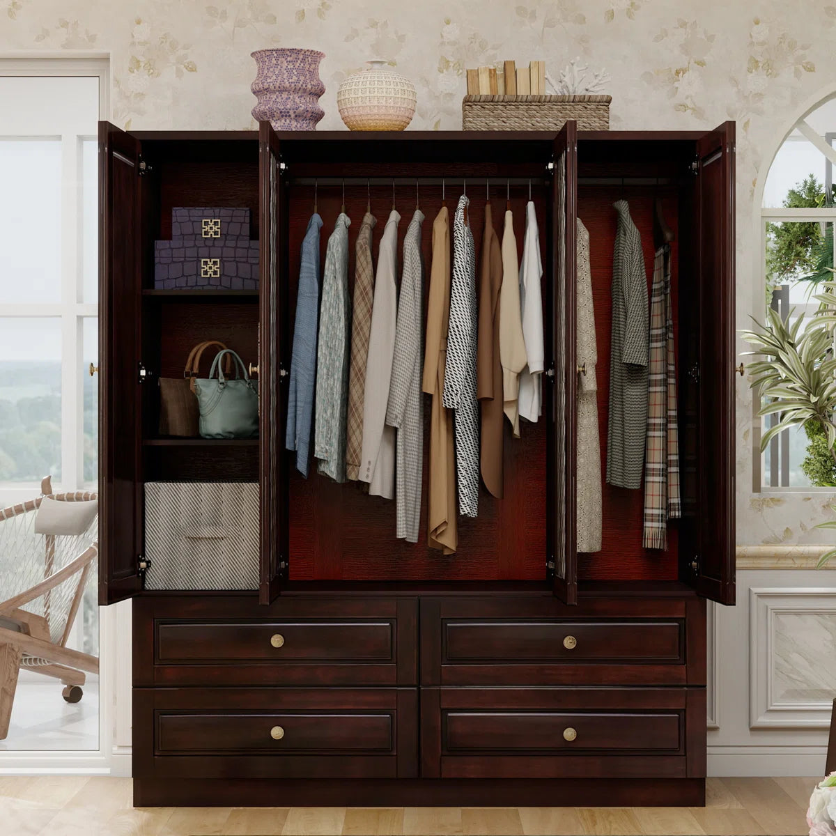 4 Doors Wardrobe Armoire 100% Soild Wood Storage Cabinet With Mirrors, 70.87"H Wardrobe Closet With 4 Drawers and 2 Hanging Rods, Dark Brown Finish