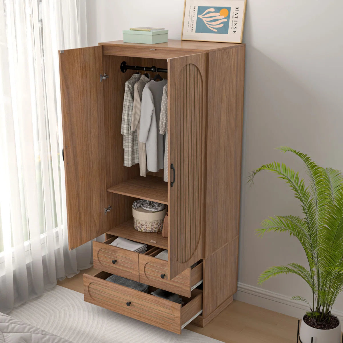 Armoire Wardrobe Closet, Wardrobe Armoire With 3 Drawers And 2 Fluted Doors, Wardrobe Cabinet With Shelves And Hanging Rod, Freestanding Armoire Cabinet