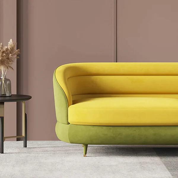 Jocelyn Yellow & Green Velvet Upholstered Sofa for 3 Seaters with Gold Legs - Ouch Cart 